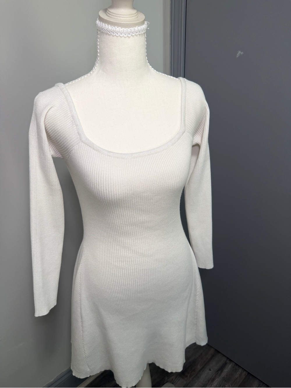Say What? White Ribbed Long-Sleeve Square Neck Dress